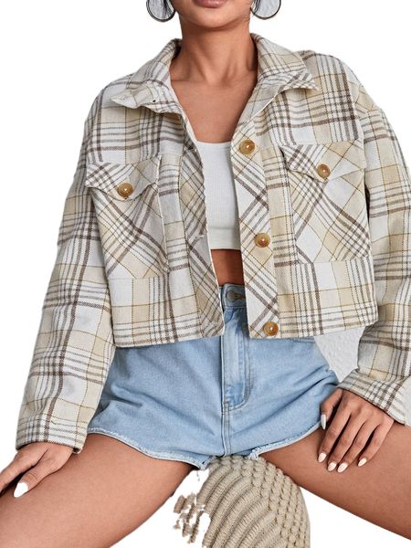 plaid print drop shoulder flap pocket jacket q4do#, Black;brown
plaid print drop shoulder flap pocket jacket q4do#, Black;brown