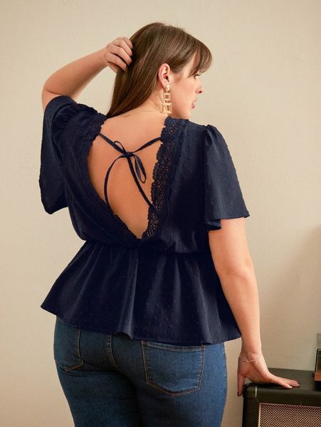 plus swiss dot contrast lace tie back blouse 29rl#, Black