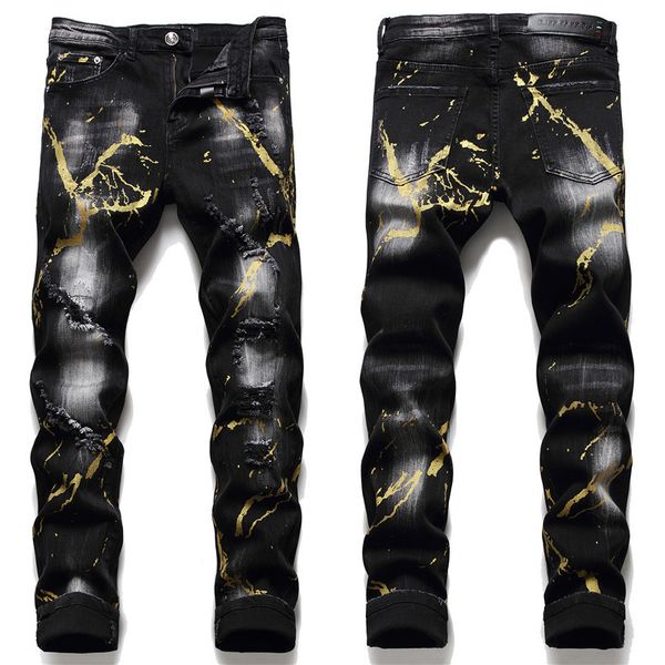 mens light luxury brand jeans paint prints elastic slimming black jeans scratched ripped denim pants jeans., Blue
mens light luxury brand jeans paint prints elastic slimming black jeans scratched ripped denim pants jeans., Blue