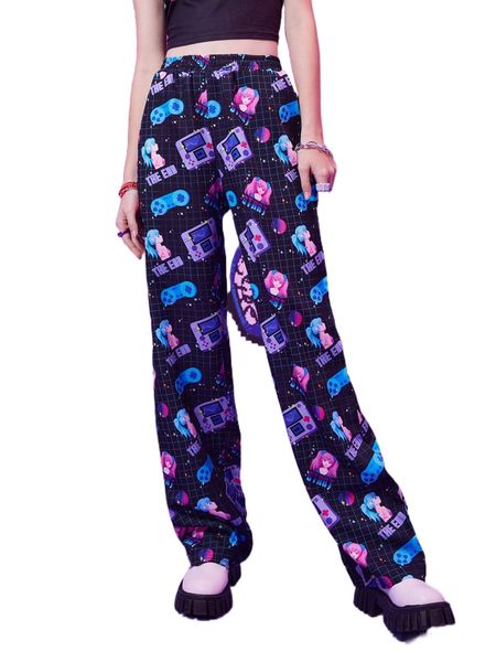 romwe anime plaid figure print pants l5cf#, Black;white