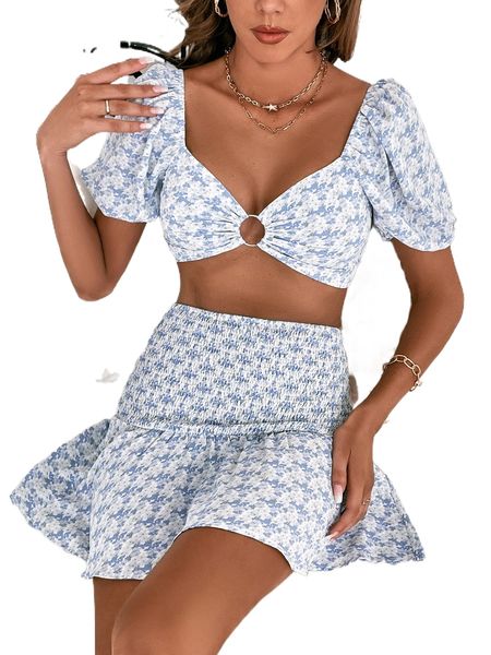 ditsy floral puff sleeve and shirred ruffle hem skirt u1fa#, White