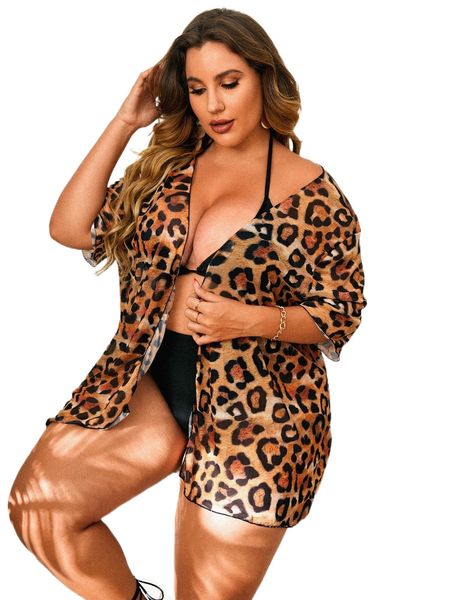 plus leopard print kimono e8s0#, Black;gray