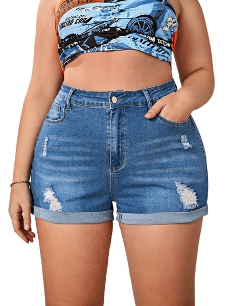 plus ripped roll up hem denim shorts j2dc#, White;black