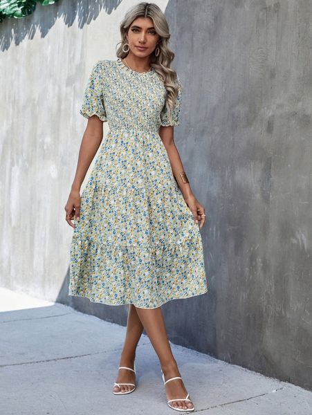 floral print ruffle hem dress 40ex#, Black;gray