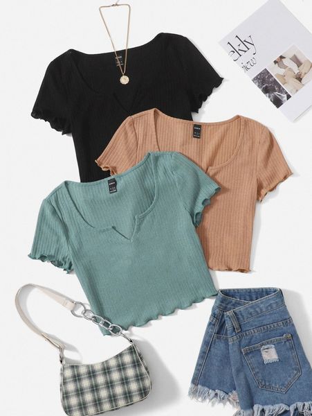 3pcs lettuce trim crop tee x5th#, White