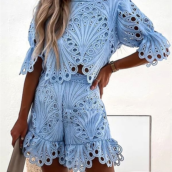 women two pieces sets hollow tracksuits shirt with mini shorts fashion clothing outfits summer lace puff sleeve shorts suit 220627, Gray
women two pieces sets hollow tracksuits shirt with mini shorts fashion clothing outfits summer lace puff sleeve shorts suit 220627, Gray