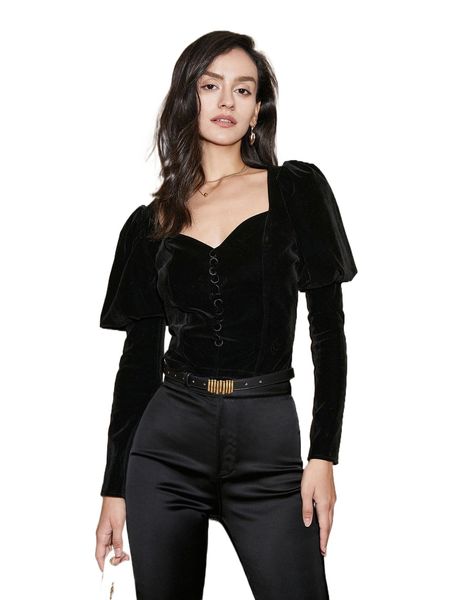 gigot sleeve button detail velvet u4eb#, White 
gigot sleeve button detail velvet u4eb#, White