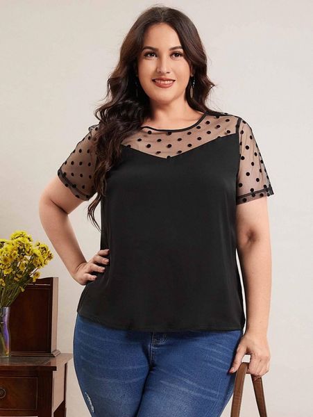 emery rose plus polka dot contrast mesh blouse v00d#, Black 
emery rose plus polka dot contrast mesh blouse v00d#, Black