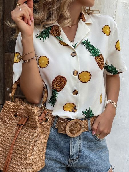 pineapple print lapel neck blouse h7eo#, White 
pineapple print lapel neck blouse h7eo#, White
