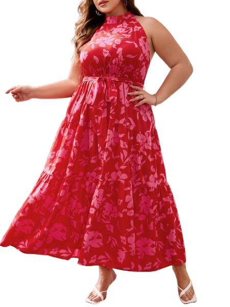 plus floral print belted halter dress y3nc#, Black