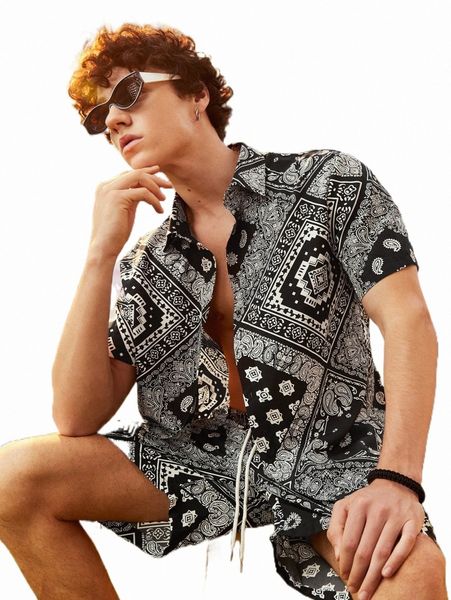 romwe guys paisley print shirt & shorts n19o#, Gray