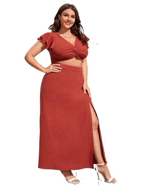 plus twist shirred butterfly sleeve crop & split thigh skirt 89zd#, Black
plus twist shirred butterfly sleeve crop & split thigh skirt 89zd#, Black