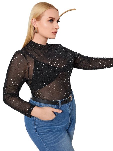 plus mock neck polka dot mesh 72np#, Black