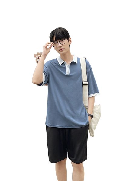 men colorblock contrast binding polo neck tee & track shorts f5mt#, Gray
men colorblock contrast binding polo neck tee & track shorts f5mt#, Gray