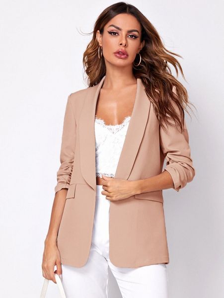 shawl collar gathered sleeve flap detail blazer f40s#, White