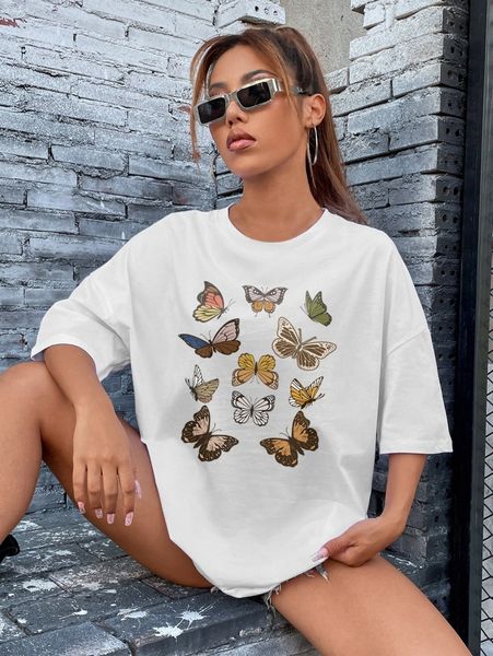 butterfly print drop shoulder tee d5ix#, White 
butterfly print drop shoulder tee d5ix#, White