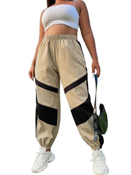 plus two tone elastic waist pants l8gw#, Black