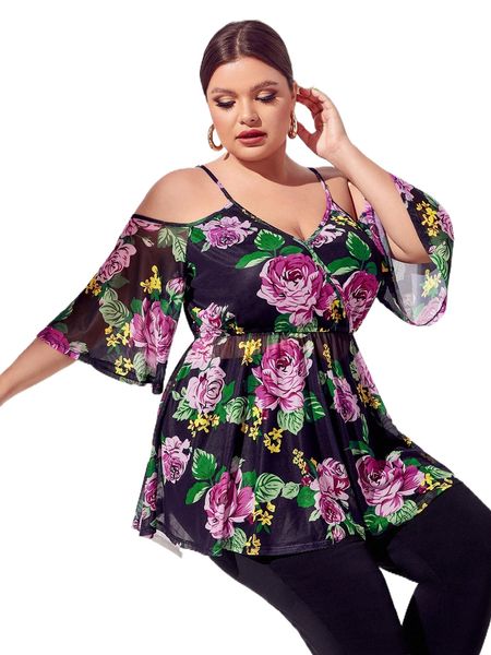plus floral print cold shoulder peplum mesh blouse g6ym#, Black
plus floral print cold shoulder peplum mesh blouse g6ym#, Black