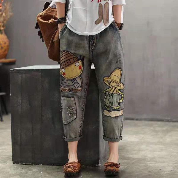 harajuku embroidery ethnic wind woman hole print cartoo jeans ripped elastic waist radish denim harem pants plus size, Blue
harajuku embroidery ethnic wind woman hole print cartoo jeans ripped elastic waist radish denim harem pants plus size, Blue