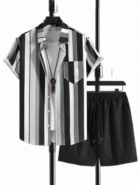 men striped print patched pocket shirt & drawstring waist shorts without tee q3a5#, Gray
men striped print patched pocket shirt & drawstring waist shorts without tee q3a5#, Gray