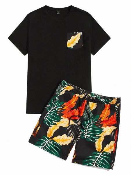 men tropical print patched pocket tee & drawstring waist shorts x2x7#, Gray
men tropical print patched pocket tee & drawstring waist shorts x2x7#, Gray