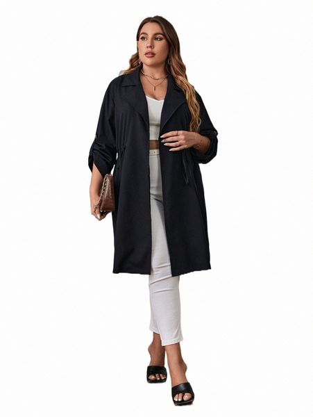 plus roll tab sleeve drawstring waist open front coat v34m#, Black
plus roll tab sleeve drawstring waist open front coat v34m#, Black