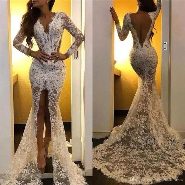 2022 gorgeous lace mermaid wedding dresses bridal gown applique front slit long sleeves plunging v neck sweep train backless custom made bea, White
2022 gorgeous lace mermaid wedding dresses bridal gown applique front slit long sleeves plunging v neck sweep train backless custom made bea, White