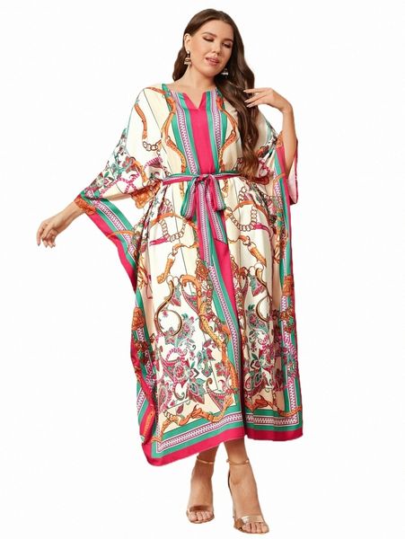 plus chain print batwing sleeve belted dress g0yb#, Black