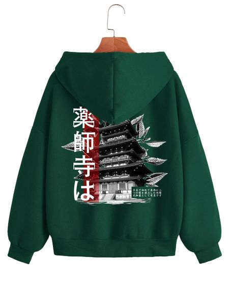 yakushiji temple print zip up thermal lined drawstring hoodie p4u4#, Black