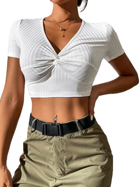 x anitta twist front ribbed knit crop tee f8ds#, White 
x anitta twist front ribbed knit crop tee f8ds#, White