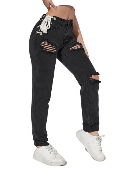 lace up side ripped raw cut jeans f73j#, Blue