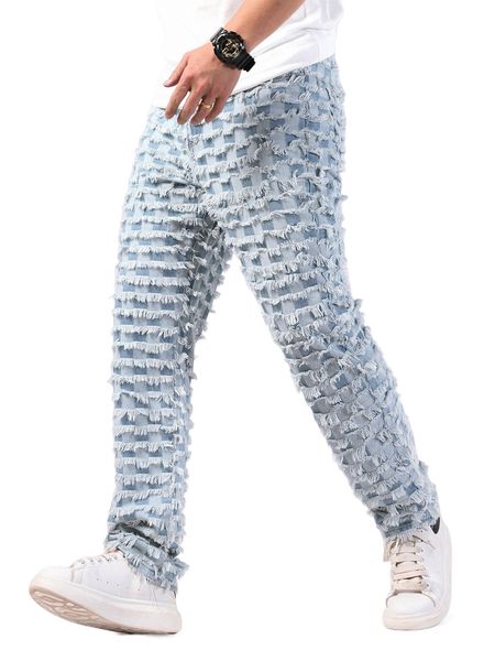 men checkered print raw cut jeans m1c8#, Blue