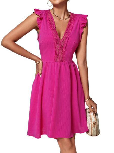 contrast lace flutter sleeve dress p8eo#, Black;gray
