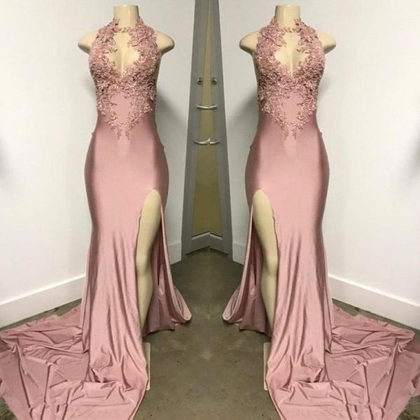side split slit dusty pink prom dresses 2022 mermaid high neck illusion bodice appliqued beaded pearls formal evening party gown bc0227, Black
side split slit dusty pink prom dresses 2022 mermaid high neck illusion bodice appliqued beaded pearls formal evening party gown bc0227, Black