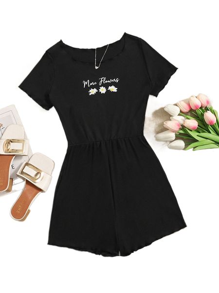 1pc floral and letter graphic tee romper x8b5#, Black;white
