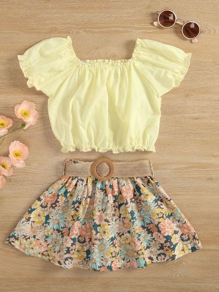 little girl's bubble sleeve fungus edge and printed belt skirt she, White
little girl's bubble sleeve fungus edge and printed belt skirt she, White