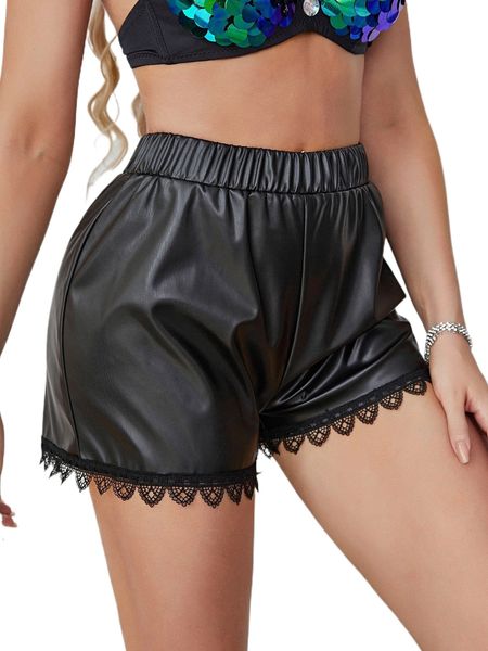 apperloth a contrast lace pu leather shorts o075#, White;black