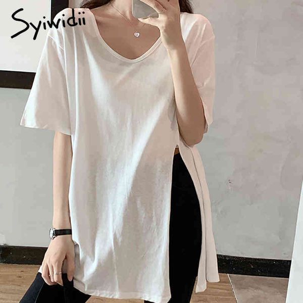 side split tshirts women half sleeve casual vneck white midlength clothes summer cotton fashion tshirt 210415
side split tshirts women half sleeve casual vneck white midlength clothes summer cotton fashion tshirt 210415