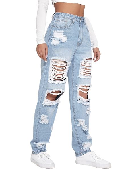 ripped detail boyfriend jeans o38f#, Blue