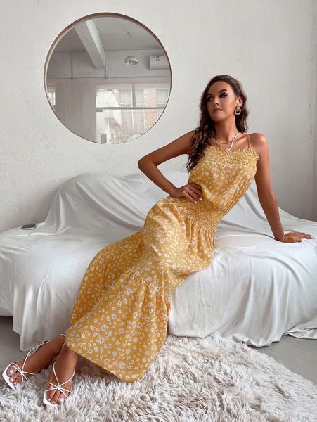 allover floral shirred cami dress q1vt#, Black;gray 
allover floral shirred cami dress q1vt#, Black;gray