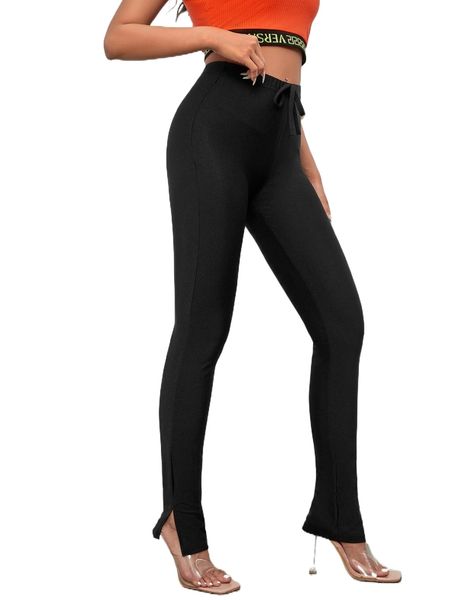 knot waist split hem pants b7ql#, Black;white
