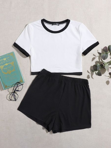 contrast binding tee & shorts set 37ki#, White 
contrast binding tee & shorts set 37ki#, White