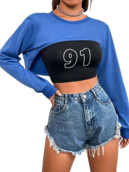 solid crop sweatshirt with letter graphic cami k05l#, Black