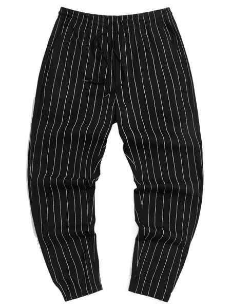 men drawstring waist striped pants 80ai#, Black