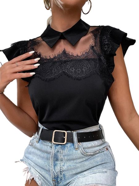 eyelash lace panel butterfly sleeve blouse c11x#, White
eyelash lace panel butterfly sleeve blouse c11x#, White