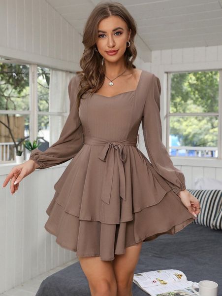 solid belted layered hem dress y5ys#, Black;gray
solid belted layered hem dress y5ys#, Black;gray