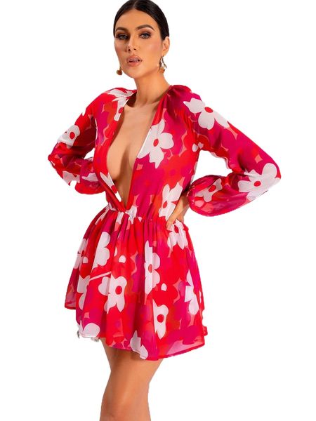 love&lemonade floral print plunging neck lantern sleeve dress t6zi#, Black;gray
love&lemonade floral print plunging neck lantern sleeve dress t6zi#, Black;gray