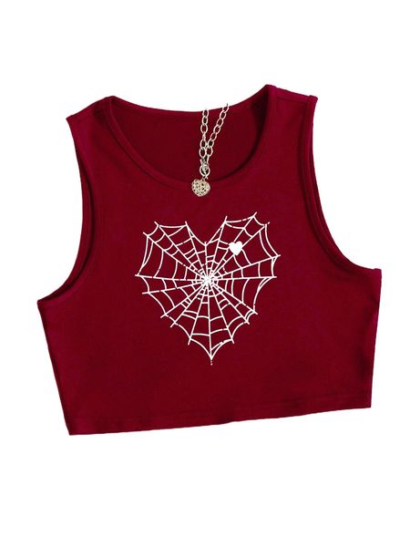 heart and spider web print crop tank 641i#, White