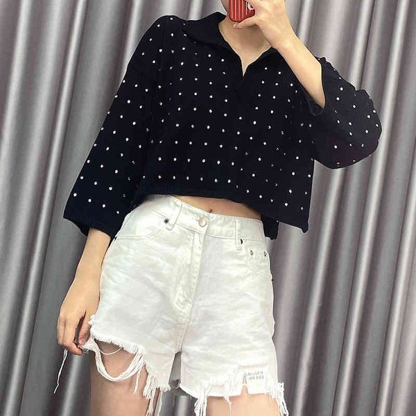 women's polos v-neck flash diamond sequin split lapel waist exposed navel full spring women's blouse sweater viga, White
women's polos v-neck flash diamond sequin split lapel waist exposed navel full spring women's blouse sweater viga, White