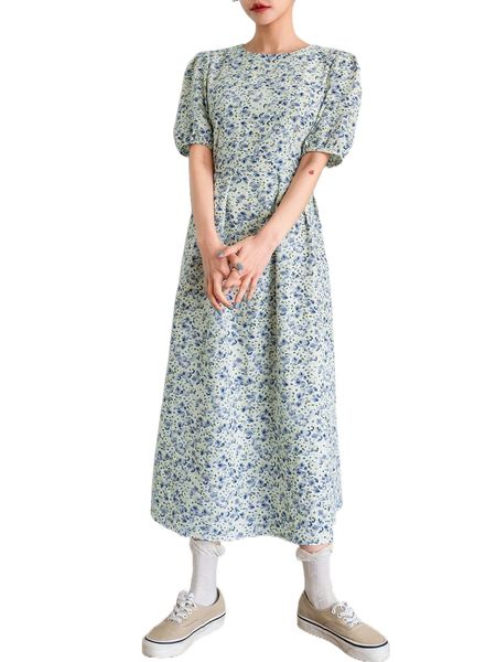 dazy ditsy floral puff sleeve dress x6v1#, Black;gray